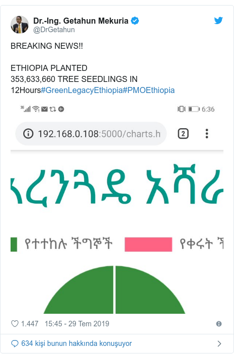 @DrGetahun tarafÄ±ndan yapÄ±lan Twitter paylaÅÄ±mÄ±: BREAKING NEWS!! ETHIOPIA PLANTED353,633,660 TREE SEEDLINGS IN 12Hours#GreenLegacyEthiopia#PMOEthiopia 