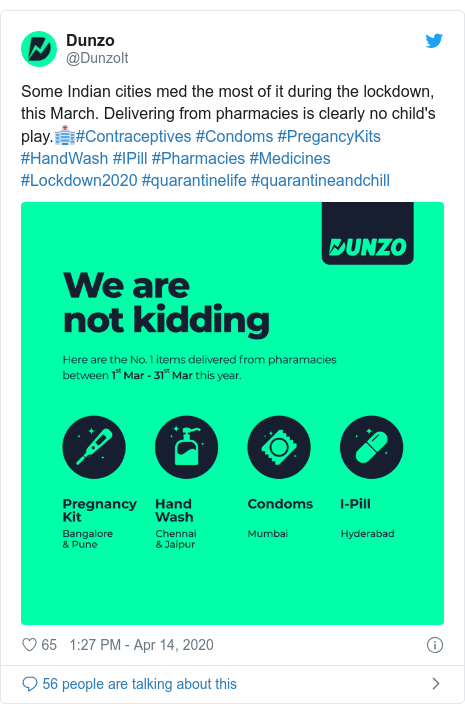 Twitter post by @DunzoIt: Some Indian cities med the most of it during the lockdown, this March. Delivering from pharmacies is clearly no child's play.🏥#Contraceptives #Condoms #PregancyKits #HandWash #IPill #Pharmacies #Medicines #Lockdown2020 #quarantinelife #quarantineandchill 