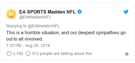 Twitter post by @EAMaddenNFL: This is a horrible situation, and our deepest sympathies go out to all involved.