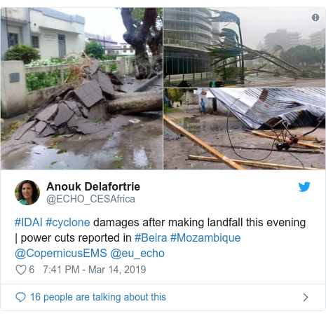Twitter post by @ECHO_CESAfrica: #IDAI #cyclone damages after making landfall this evening | power cuts reported in #Beira #Mozambique @CopernicusEMS @eu_echo 