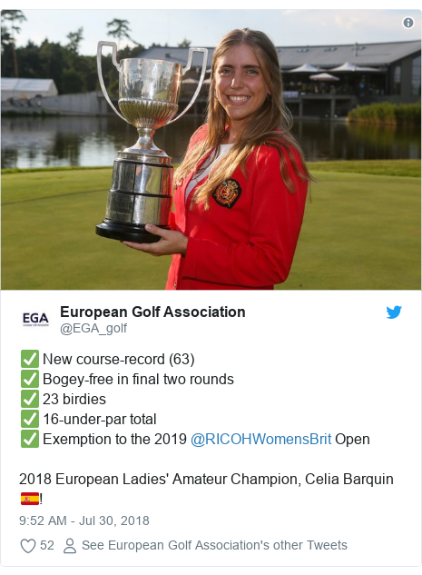 Twitter post by @EGA_golf: ✅ New course-record (63)✅ Bogey-free in final two rounds✅ 23 birdies✅ 16-under-par total✅ Exemption to the 2019 @RICOHWomensBrit Open2018 European Ladies' Amateur Champion, Celia Barquin??! 