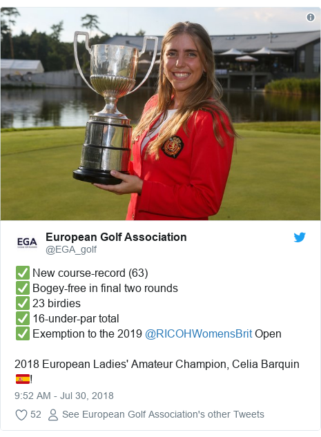 Twitter post by @EGA_golf: ✅ New course-record (63)✅ Bogey-free in final two rounds✅ 23 birdies✅ 16-under-par total✅ Exemption to the 2019 @RICOHWomensBrit Open2018 European Ladies' Amateur Champion, Celia Barquin🇪🇸! 