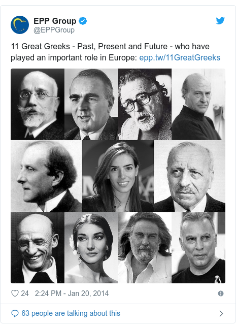 Twitter post by @EPPGroup: 11 Great Greeks - Past, Present and Future - who have played an important role in Europe