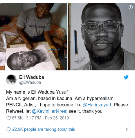 Twitter post by @EWaduba: My name is Eli Waduba YusufAm a Nigerian, based in kaduna. Am a hyperrealism PENCIL Artist, I hope to become like @Harinzeyart. Please Retweet, let @KevinHart4real see it, thank you 