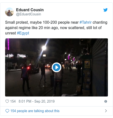 Twitter post by @EduardCousin: Small protest, maybe 100-200 people near #Tahrir chanting against regime like 20 min ago, now scattered, still lot of unrest #Egypt 