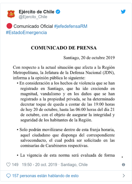 Publicación de Twitter por @Ejercito_Chile: 🔴 Comunicado Oficial #jefedefensaRM #EstadoEmergencia 