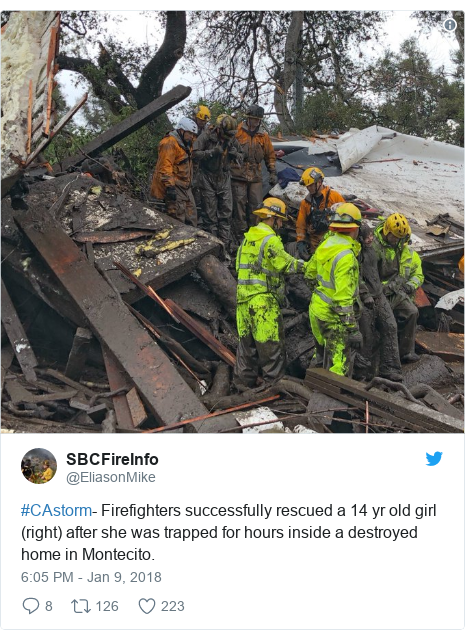 Twitter waxaa daabacay @EliasonMike: #CAstorm- Firefighters successfully rescued a 14 yr old girl (right) after she was trapped for hours inside a destroyed home in Montecito. 