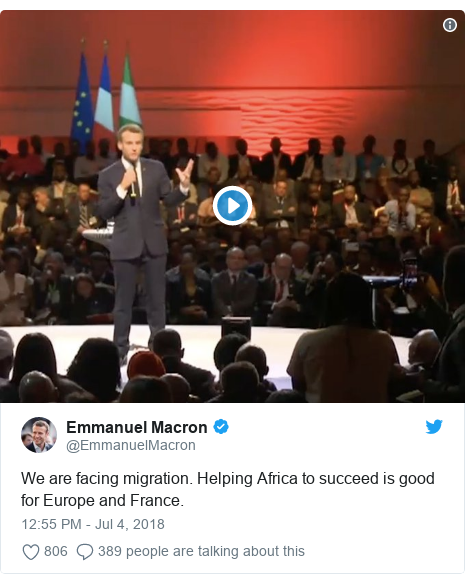 Twitter post by @EmmanuelMacron: We are facing migration. Helping Africa to succeed is good for Europe and France. 