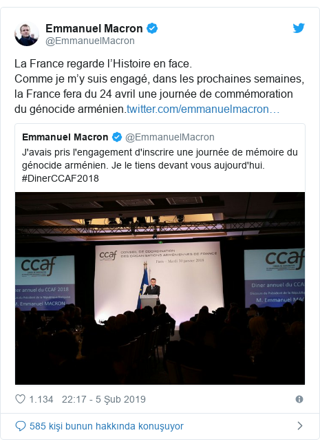 @EmmanuelMacron tarafından yapılan Twitter paylaşımı: La France regarde l’Histoire en face.Comme je m’y suis engagé, dans les prochaines semaines, la France fera du 24 avril une journée de commémoration du génocide arménien.