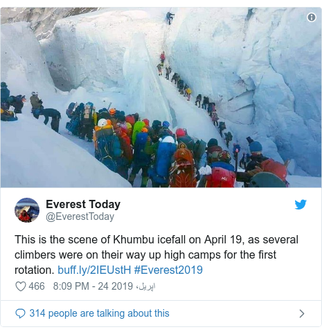 Publicación de Twitter por @EverestToday: This is the scene of Khumbu icefall on April 19, as several climbers were on their way up high camps for the first rotation.  #Everest2019 