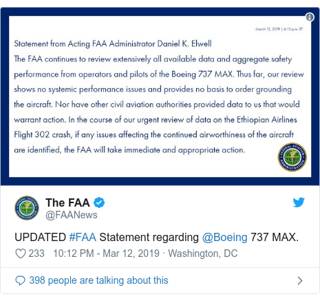 Twitter post by @FAANews: UPDATED #FAA Statement regarding @Boeing 737 MAX. 