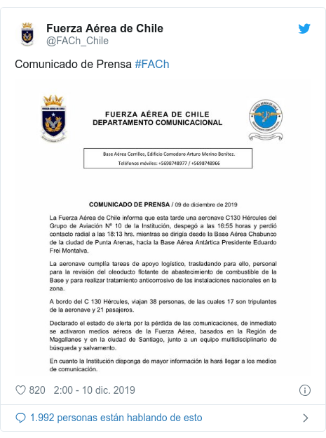 Publicación de Twitter por @FACh_Chile: Comunicado de Prensa #FACh 