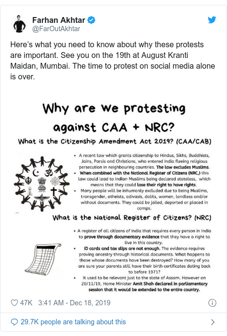 Twitter post by @FarOutAkhtar: Here’s what you need to know about why these protests are important. See you on the 19th at August Kranti Maidan, Mumbai. The time to protest on social media alone is over. 