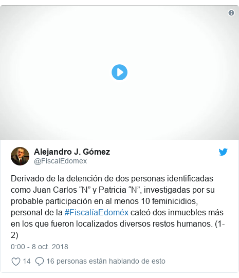 Publicación de Twitter por @FiscalEdomex: Derivado de la detención de dos personas identificadas como Juan Carlos “N” y Patricia “N”, investigadas por su probable participación en al menos 10 feminicidios, personal de la #FiscalíaEdoméx cateó dos inmuebles más en los que fueron localizados diversos restos humanos. (1-2) 