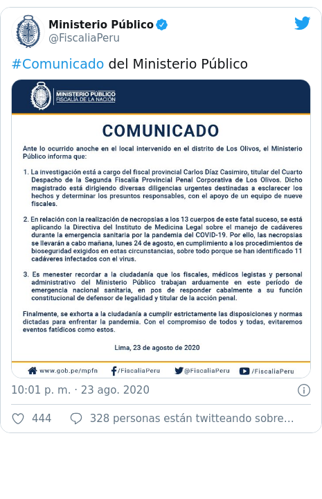 Publicación de Twitter por @FiscaliaPeru: #Comunicado del Ministerio Público 