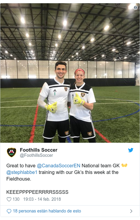 PublicaciÃ³n de Twitter por @FoothillsSoccer: Great to have @CanadaSoccerEN National team GK ð@stephlabbe1 training with our Gkâs this week at the Fieldhouse. KEEEPPPPEERRRRSSSSS 