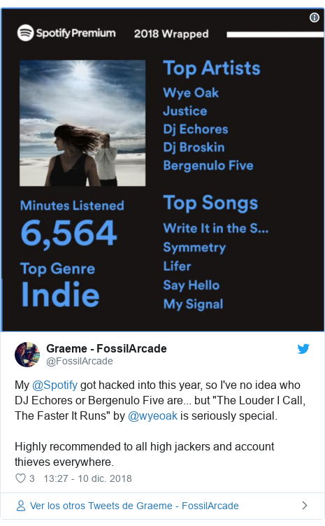Publicación de Twitter por @FossilArcade: My @Spotify got hacked into this year, so I've no idea who DJ Echores or Bergenulo Five are... but "The Louder I Call, The Faster It Runs" by @wyeoak is seriously special.Highly recommended to all high jackers and account thieves everywhere. 