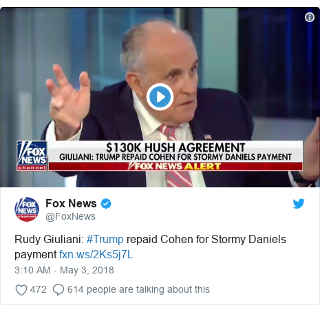 Twitter post by @FoxNews: Rudy Giuliani  #Trump repaid Cohen for Stormy Daniels payment  