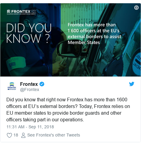 Twitter post by @Frontex: Did you know that right now Frontex has more than 1600 officers at EU’s external borders? Today, Frontex relies on EU member states to provide border guards and other officers taking part in our operations. 