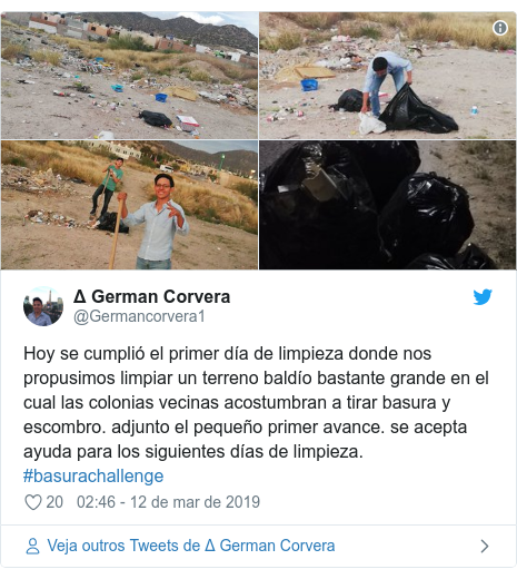 Twitter post de @Germancorvera1: Hoy se cumplió el primer día de limpieza donde nos propusimos limpiar un terreno baldío bastante grande en el cual las colonias vecinas acostumbran a tirar basura y escombro. adjunto el pequeño primer avance. se acepta ayuda para los siguientes días de limpieza. #basurachallenge 