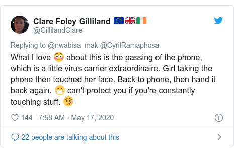 Twitter post by @GillilandClare: What I love 😳 about this is the passing of the phone, which is a little virus carrier extraordinaire. Girl taking the phone then touched her face. Back to phone, then hand it back again. 😷 can't protect you if you're constantly touching stuff. 🤒
