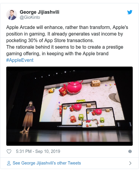 Twitter post by @GioKinto: Apple Arcade will enhance, rather than transform, Apple's position in gaming. It already generates vast income by pocketing 30% of App Store transactions. The rationale behind it seems to be to create a prestige gaming offering, in keeping with the Apple brand #AppleEvent 