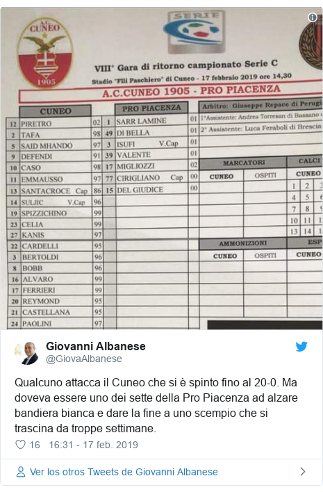 Publicación de Twitter por @GiovaAlbanese: Qualcuno attacca il Cuneo che si è spinto fino al 20-0. Ma doveva essere uno dei sette della Pro Piacenza ad alzare bandiera bianca e dare la fine a uno scempio che si trascina da troppe settimane. 