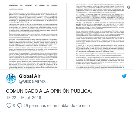 Publicación de Twitter por @GlobalAirMX: COMUNICADO A LA OPINIÓN PUBLICA  
