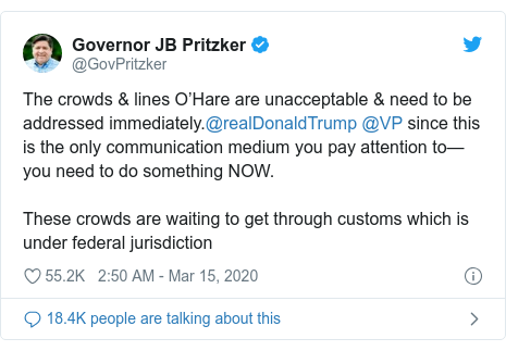 Ujumbe wa Twitter wa @GovPritzker: The crowds & lines O’Hare are unacceptable & need to be addressed immediately.@realDonaldTrump @VP since this is the only communication medium you pay attention to—you need to do something NOW.These crowds are waiting to get through customs which is under federal jurisdiction