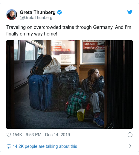 Twitter post by @GretaThunberg: Traveling on overcrowded trains through Germany. And Iâ€™m finally on my way home! 