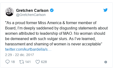 Publicación de Twitter por @GretchenCarlson: "As a proud former Miss America & former member of Board, I’m deeply saddened  by disgusting statements about women attributed to leadership of MAO. No woman should be demeaned with such vulgar slurs. As I’ve learned, harassment and shaming of women is never acceptable” 