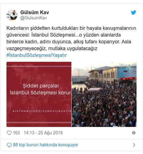 @GulsumKav tarafından yapılan Twitter paylaşımı: Kadınların şiddetten kurtuldukları bir hayata kavuşmalarının güvencesi  İstanbul Sözleşmesi...o yüzden alanlarda binlerce kadın, adını duyunca, alkış tufanı koparıyor. Asla vazgeçmeyeceğiz, mutlaka uygulatacağız #İstanbulSözleşmesiYaşatır 