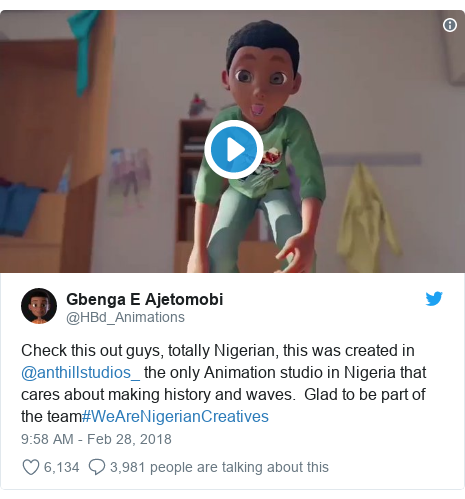 Twitter post by @HBd_Animations: Check this out guys, totally Nigerian, this was created in @anthillstudios_ the only Animation studio in Nigeria that cares about making history and waves. Glad to be part of the team#WeAreNigerianCreatives 