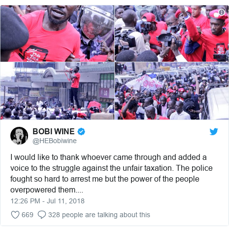 Twitter post by @HEBobiwine: I would like to thank whoever came through and added a voice to the struggle against the unfair taxation. The police fought so hard to arrest me but the power of the people overpowered them.... 