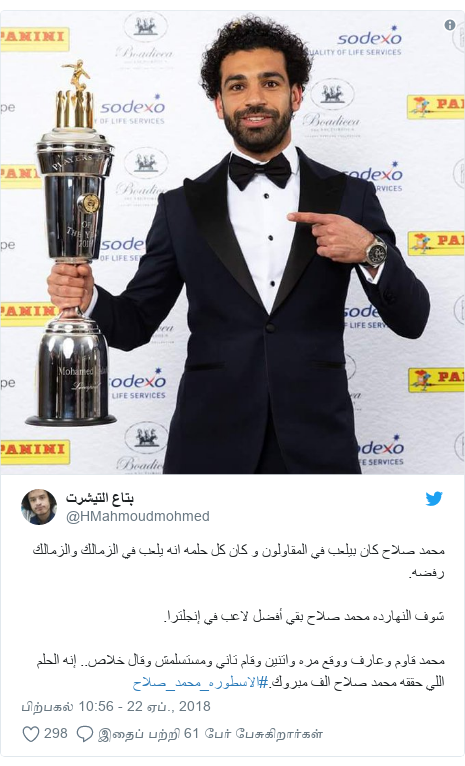 டுவிட்டர் இவரது பதிவு @HMahmoudmohmed: محمد صلاح كان بيلعب في المقاولون و كان كل حلمه انه يلعب في الزمالك والزمالك رفضه.شوف النهارده محمد صلاح بقي أفضل لاعب في إنجلترا.محمد قاوم وعارف ووقع مره واتنين وقام تاني ومستسلمش وقال خلاص.. إنه الحلم اللي حققه محمد صلاح الف مبروك.#الاسطوره_محمد_صلاح