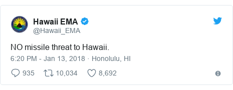 Twitter post by @Hawaii_EMA: NO missile threat to Hawaii.