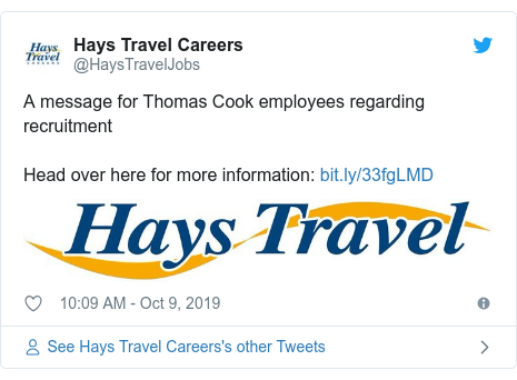 Twitter post by @HaysTravelJobs: A message for Thomas Cook employees regarding recruitmentHead over here for more information   