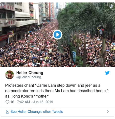 Twitter post by @HelierCheung: Protesters chant “Carrie Lam step down” and jeer as a demonstrator reminds them Ms Lam had described herself as Hong Kong’s “mother” 