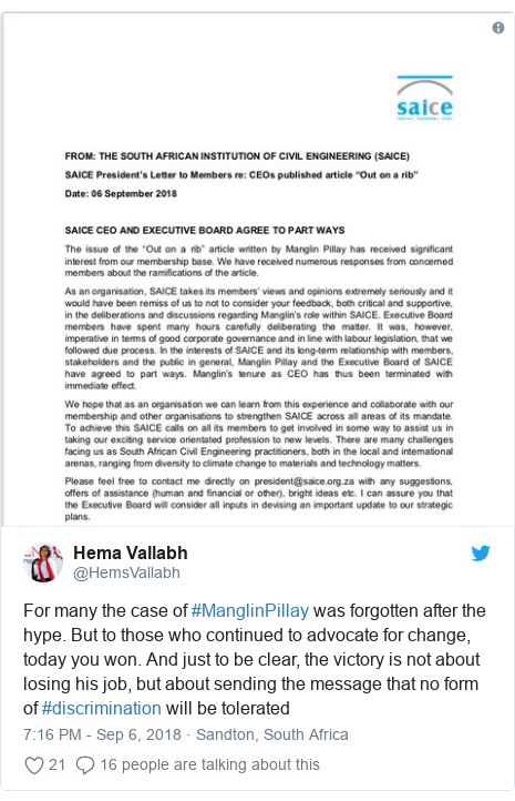 Twitter post by @HemsVallabh: For many the case of #ManglinPillay was forgotten after the hype. But to those who continued to advocate for change, today you won. And just to be clear, the victory is not about losing his job, but about sending the message that no form of #discrimination will be tolerated 
