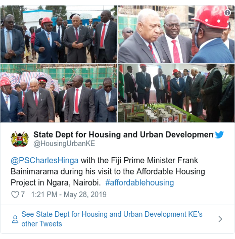 Ujumbe wa Twitter wa @HousingUrbanKE: @PSCharlesHinga with the Fiji Prime Minister Frank Bainimarama during his visit to the Affordable Housing Project in Ngara, Nairobi.  #affordablehousing 