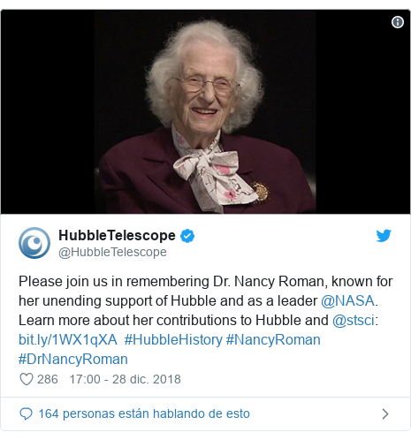 Publicación de Twitter por @HubbleTelescope: Please join us in remembering Dr. Nancy Roman, known for her unending support of Hubble and as a leader @NASA. Learn more about her contributions to Hubble and @stsci    #HubbleHistory #NancyRoman #DrNancyRoman 
