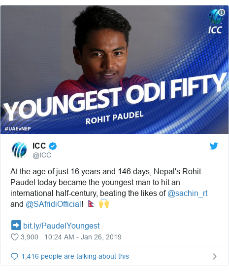 Twitter post by @ICC: At the age of just 16 years and 146 days, Nepal's Rohit Paudel today became the youngest man to hit an international half-century, beating the likes of @sachin_rt and @SAfridiOfficial! 🇳🇵 🙌 ➡️  