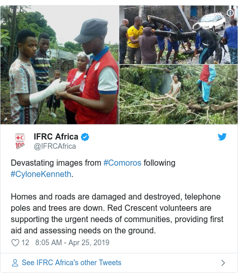 Twitter post by @IFRCAfrica: Devastating images from #Comoros following #CyloneKenneth. Homes and roads are damaged and destroyed, telephone poles and trees are down. Red Crescent volunteers are supporting the urgent needs of communities, providing first aid and assessing needs on the ground. 