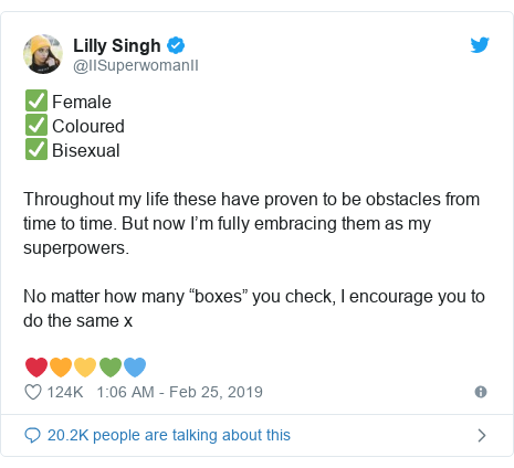 Twitter post by @IISuperwomanII: ✅ Female ✅ Coloured ✅ Bisexual Throughout my life these have proven to be obstacles from time to time. But now I’m fully embracing them as my superpowers. No matter how many “boxes” you check, I encourage you to do the same x❤️????