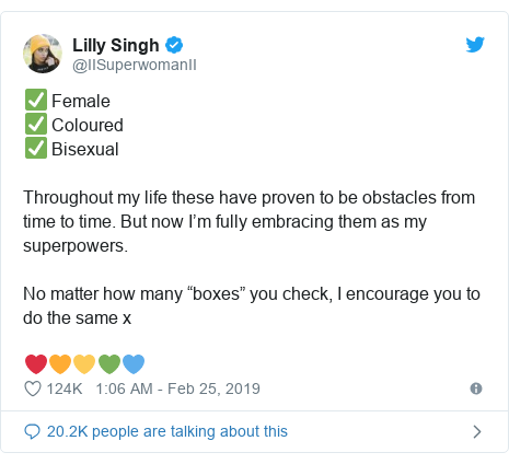 Twitter post by @IISuperwomanII: ✅ Female ✅ Coloured ✅ Bisexual   Throughout my life these have proven to be obstacles from time to time. But now I’m fully embracing them as my superpowers. No matter how many “boxes” you check, I encourage you to do the same x❤️????