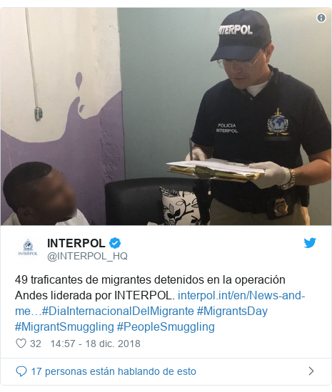Publicación de Twitter por @INTERPOL_HQ: 49 traficantes de migrantes detenidos en la operación Andes liderada por INTERPOL. #DiaInternacionalDelMigrante #MigrantsDay #MigrantSmuggling #PeopleSmuggling 