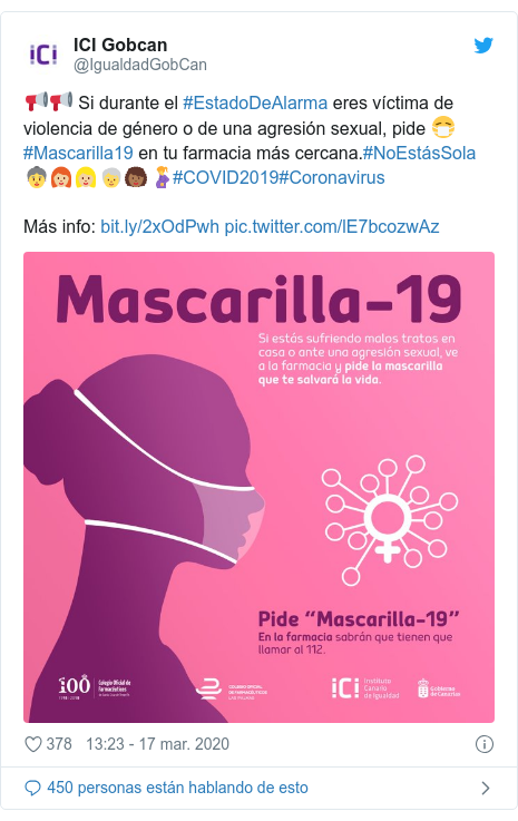 Publicación de Twitter por @IgualdadGobCan: 📢📢 Si durante el #EstadoDeAlarma eres víctima de violencia de género o de una agresión sexual, pide 😷 #Mascarilla19 en tu farmacia más cercana.#NoEstásSola 👵👩🏼‍🦰👩🏼🧓👩🏾‍🦱🤰#COVID2019#CoronavirusMás info    