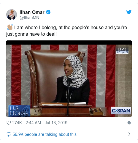 Twitter post by @IlhanMN: ?? I am where I belong, at the people’s house and you’re just gonna have to deal! 