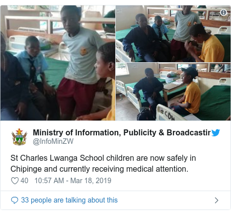 Twitter post by @InfoMinZW: St Charles Lwanga School children are now safely in Chipinge and currently receiving medical attention. 