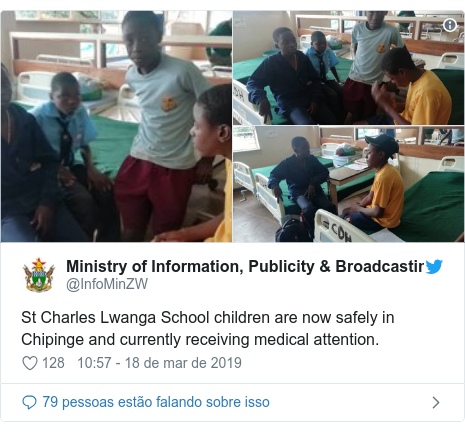 Twitter post de @InfoMinZW: St Charles Lwanga School children are now safely in Chipinge and currently receiving medical attention. 